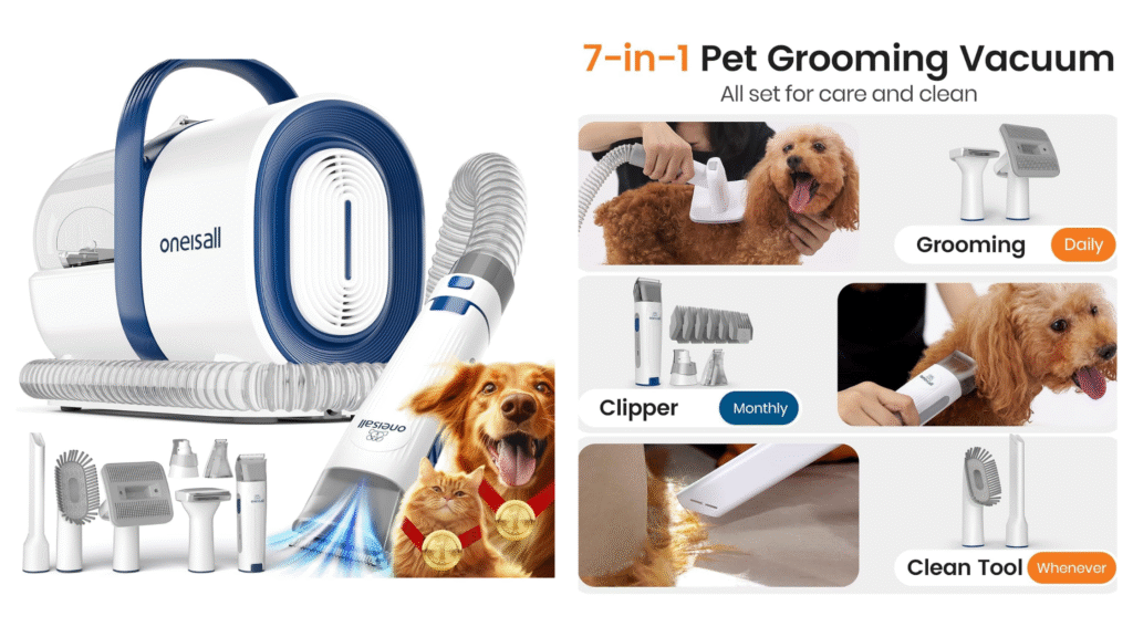 Oneisall Dog Grooming Vacuum Kit (1.5L Dust Cup, 7 Tools)