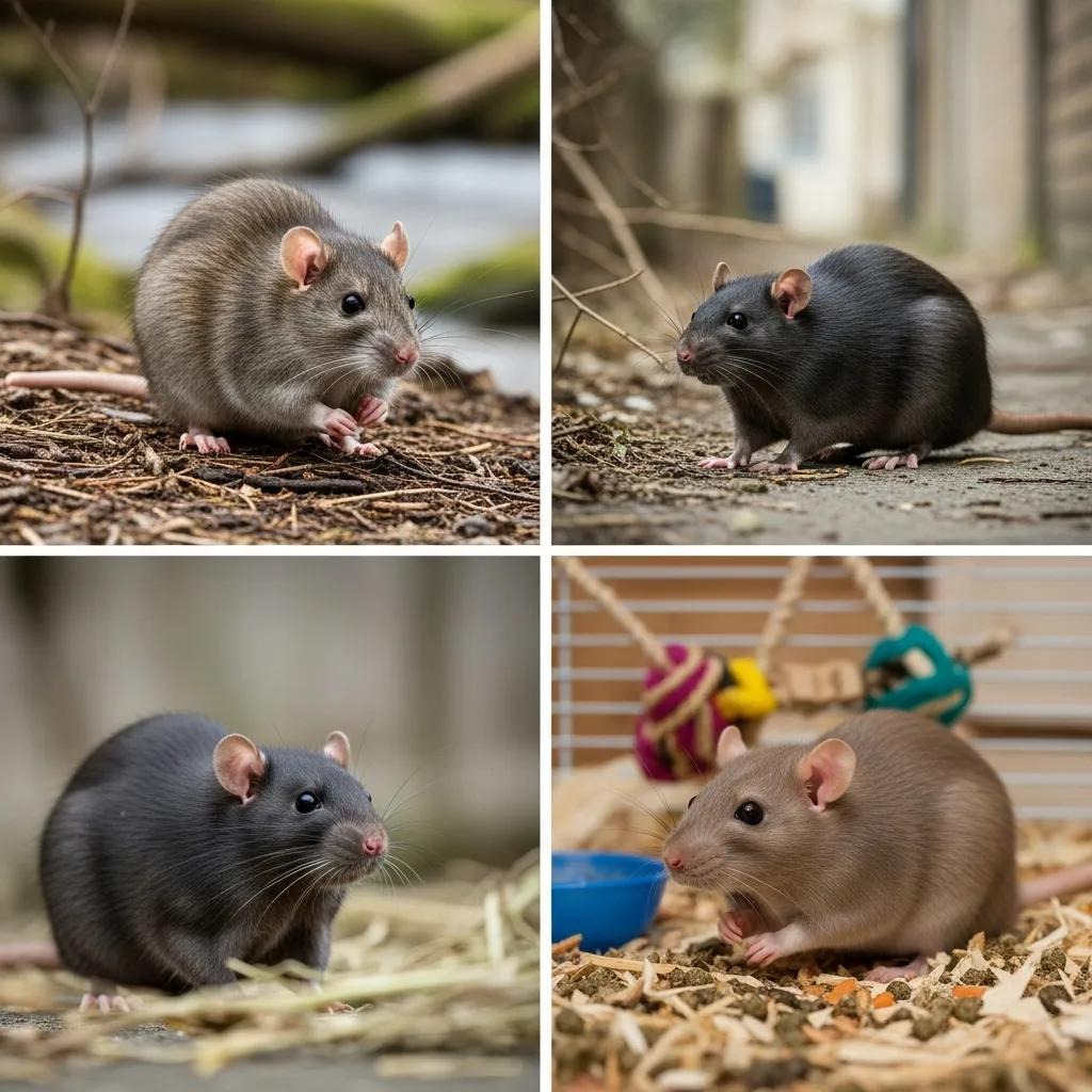Comparison of Norway, black, and fancy rats in their environments, illustrating species differences in care and lifespan Four cute pet rats in various poses. | how long do rats live