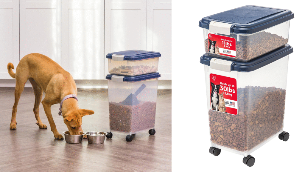 IRIS USA 2-Piece 41 Lbs / 45 Qt WeatherPro Airtight Pet Food Storage Container Combo and Treat Box for Dog Cat and Bird Food, Stackable, Keep Fresh, Translucent Body, Easy Mobility, Navy