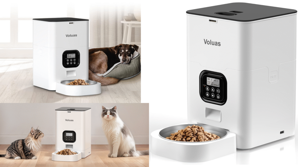 VOLUAS Automatic Cat Feeder – 4L Timed Cat Dry Food Dispenser with Voice Recorder, Dual Power Supply, Programmable Portion Control, Desiccant Bag, Auto Pet Feeder for Cats and Dogs