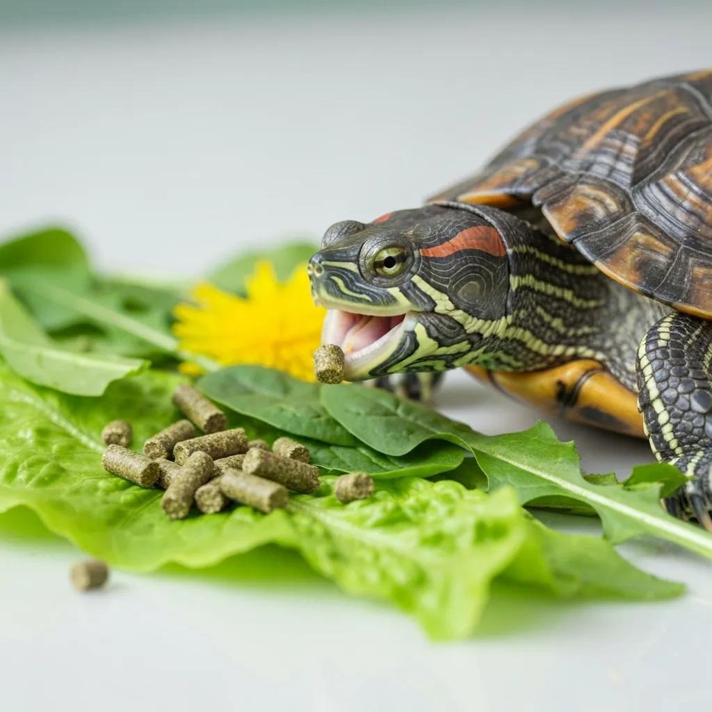 Red-eared slider turtle being fed a balanced diet of pellets and leafy greens Red Eared Slider Turtle Care: Habitat, Feeding, and Daily Needs