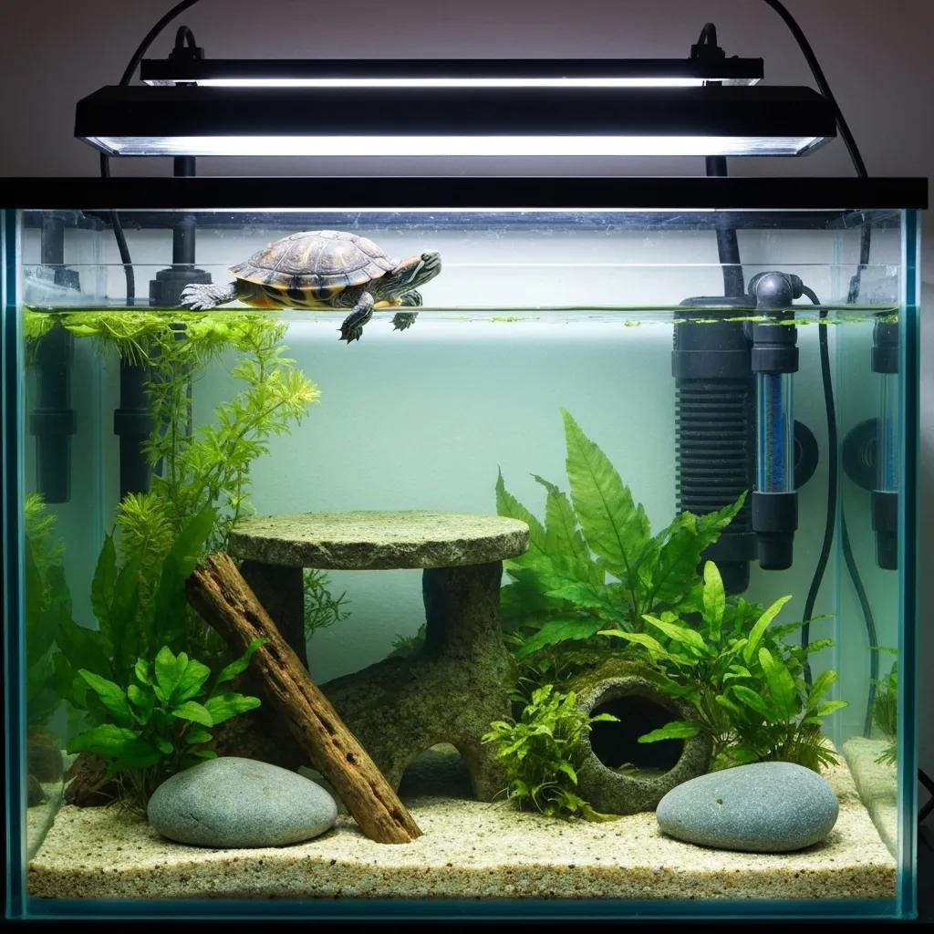 Ideal turtle tank setup with basking platform, UVB lighting, and filtration system Red Eared Slider Turtle Care: Habitat, Feeding, and Daily Needs