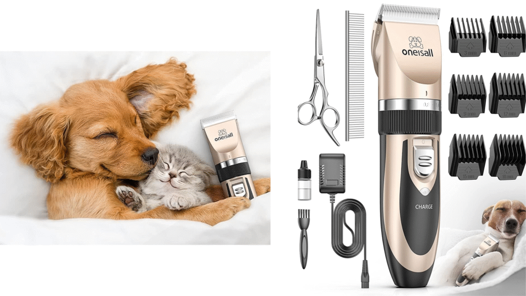 oneisall Dog Clipper Low Noise, Dog Grooming Kit with Rechargeable, Pet Shaver Cordless Electric Quiet Hair Clipper Set for Dogs Cats Pets（Gold）
Click to see full view





2+

7 VIDEOS
 Ask Rufus

Can it be used on cats?
 
Does it come with a carrying case?
 
Is it easy to use on thick fur?
 
Ask something else
oneisall Dog Clipper Low Noise, Dog Grooming Kit with Rechargeable, Pet Shaver Cordless Electric Quiet Hair Clipper Set for Dogs Cats Pets（Gold）