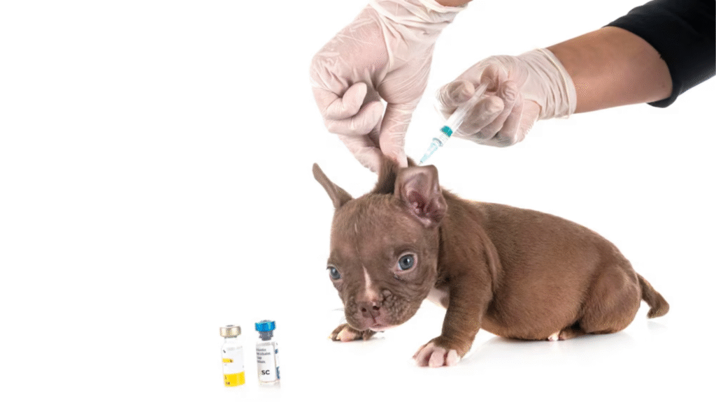 A tiny puppy being held during a vaccination, illustrating an early step in the recommended puppy vaccination schedule and puppy vaccine timeline.