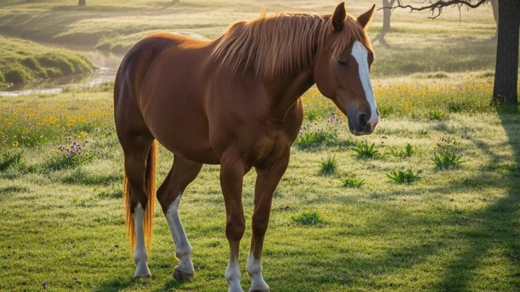 Do Horses Sleep Standing Up? A Sleepy horse is standing in a grassy field.