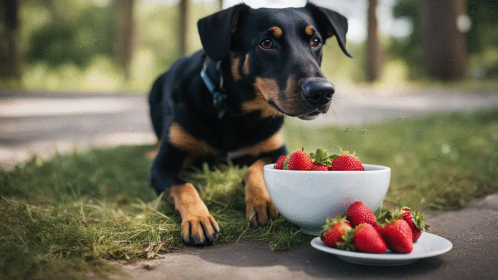 a black dog is watching a strawberries Health Benefits of Strawberries for Dogs 