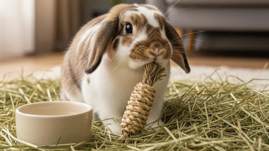Rabbit chewing on hay toy. | how long do rabbits live