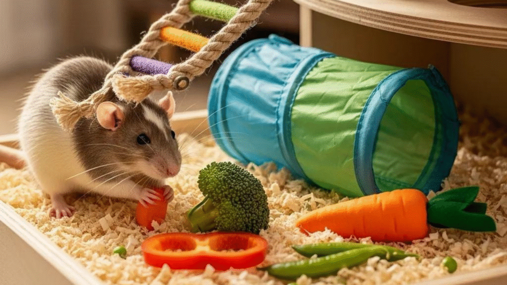Rat playing with colorful toys and vegetables. | petcarrinf