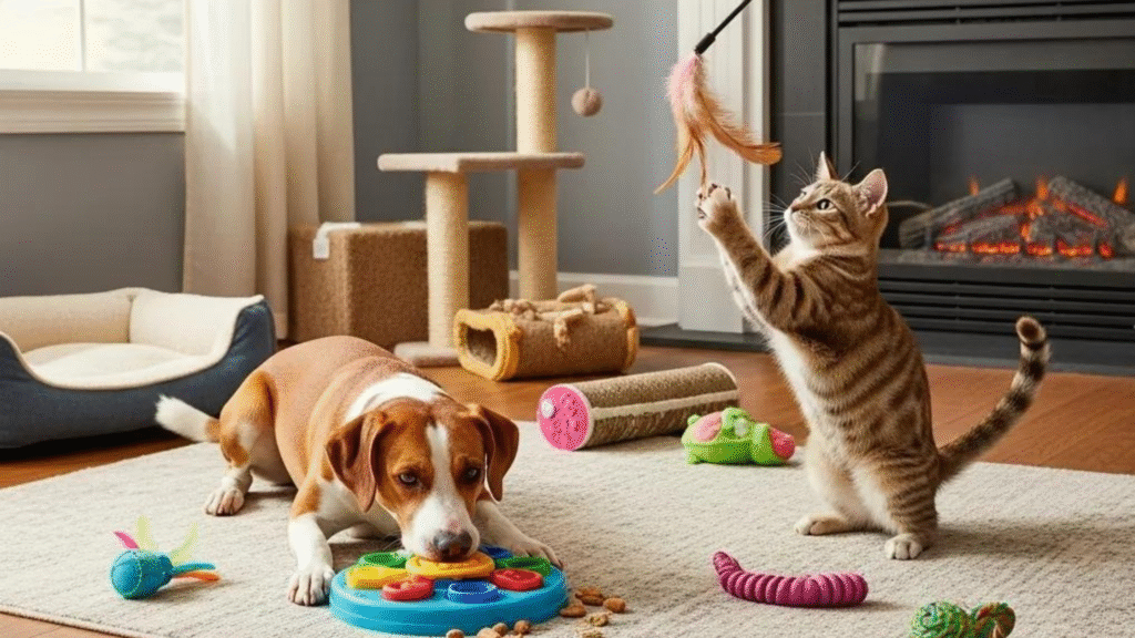 A dog and a cat enjoying Play Pet Activities