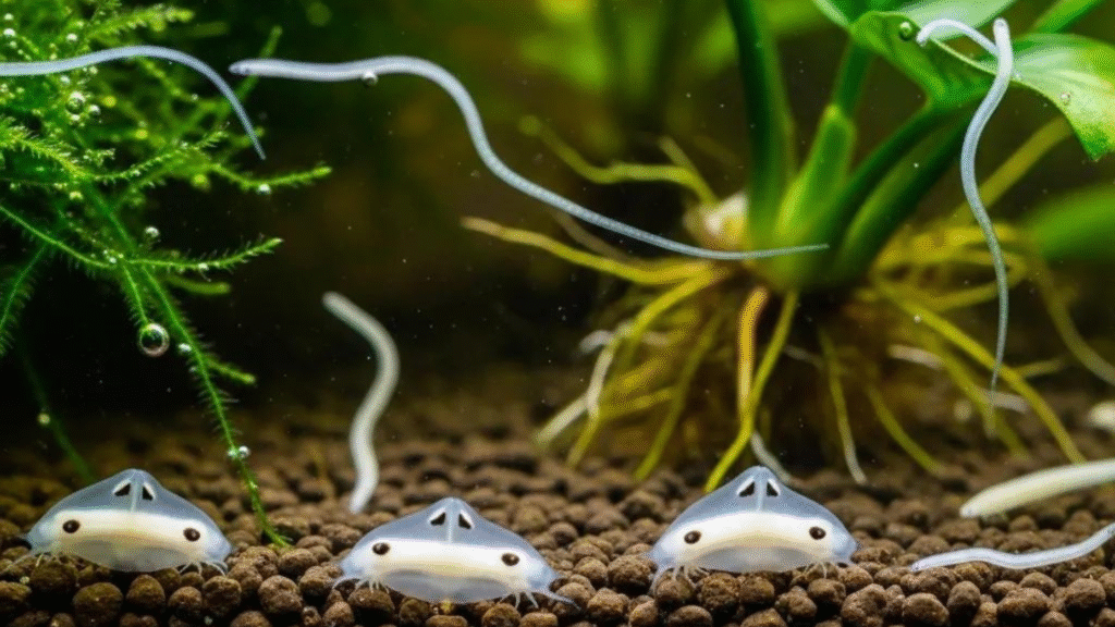 Aquarium scene with fish and worms. | small white worms in aquarium