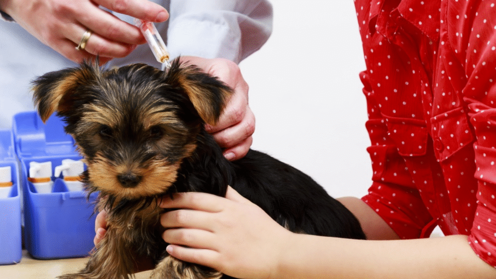 A Yorkie puppy getting a vet injection as part of a puppy vaccination schedule, supported by a clear puppy shots schedule for new owners.