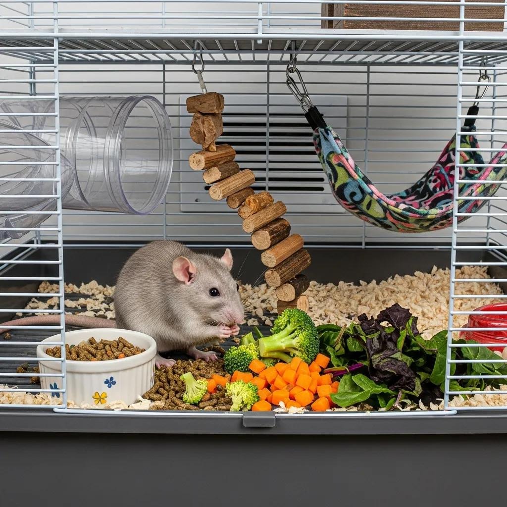 Pet rat enjoying a balanced diet in a spacious, enriched habitat, emphasizing factors affecting longevity Pet rat enjoying fresh vegetables | how long do rats live