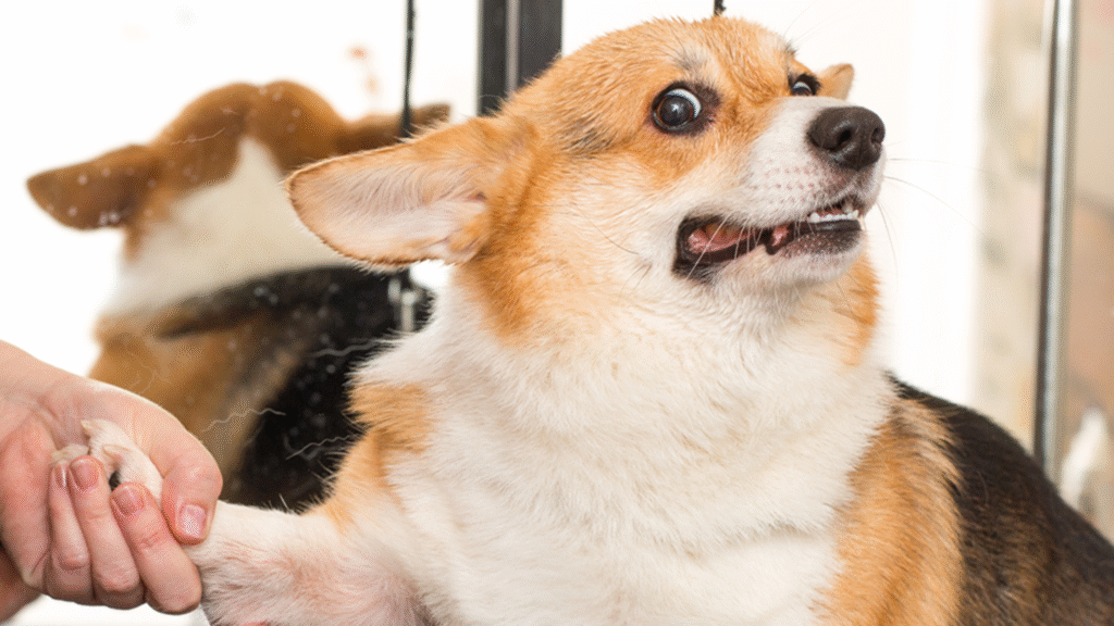 Corgi displaying dog anxiety symptoms while being handled and 12 Proven Calming Solutions