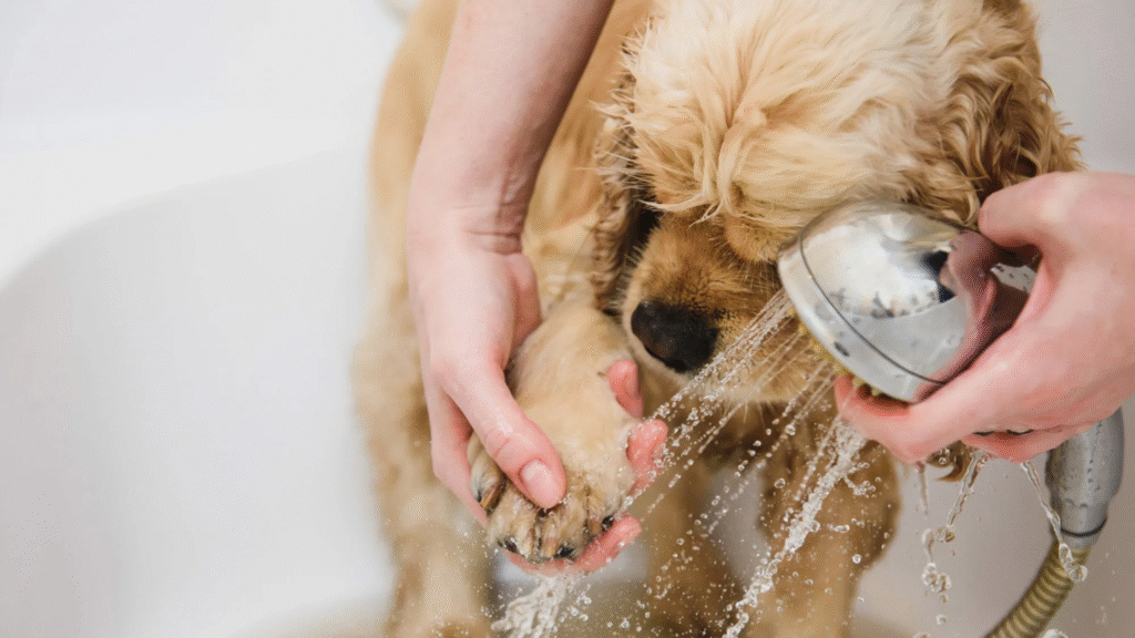 A dog’s paw being gently rinsed as part of a cleaning routine, useful for reducing full baths and understanding how often should I bathe my dog to maintain skin health.