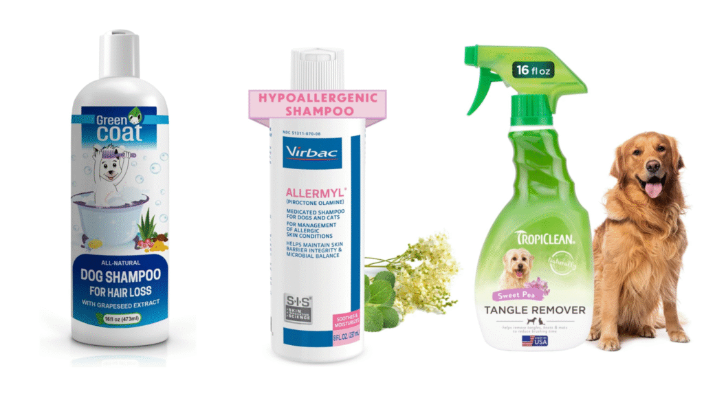 Different dog shampoos for various coat types, including hypoallergenic and detangler formulas, used to plan a dog bathing schedule and determine how often should I bathe my dog.